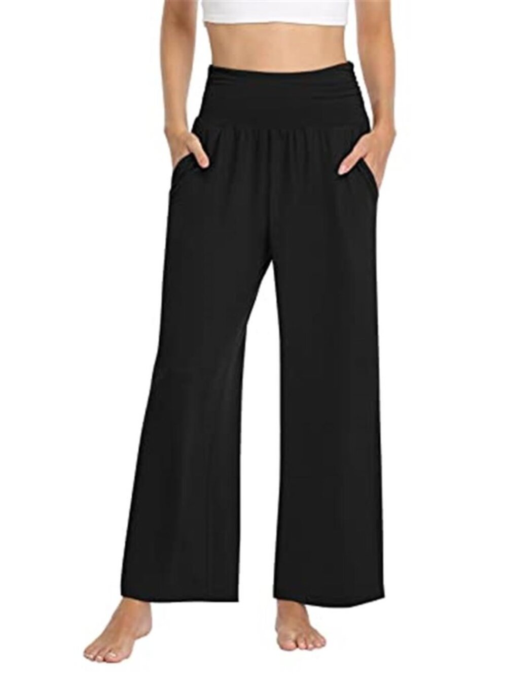 Wide Leg Pants Women High Waist Yoga Lounge Flowy Sweatpants Pockets Black